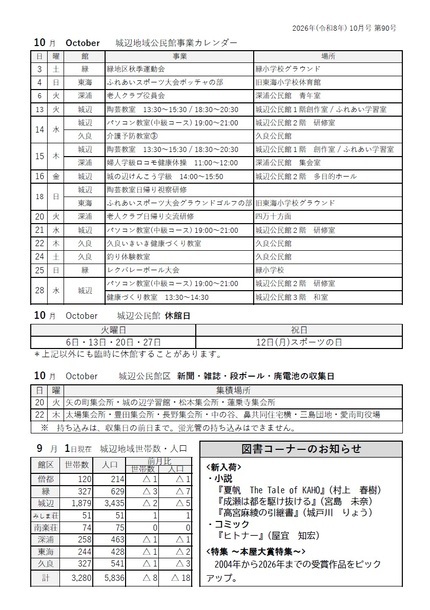 城辺公民館だより令和8年10月号ウラの画像