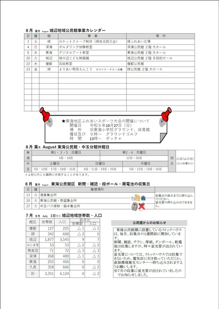 東海公民館だより令和6年8月号ウラの画像